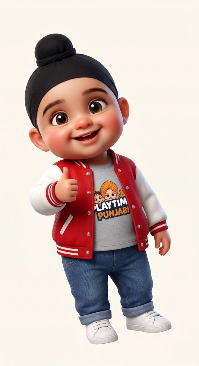 Nikka giving a thumbs up in a Playtime Punjabi varsity jacket