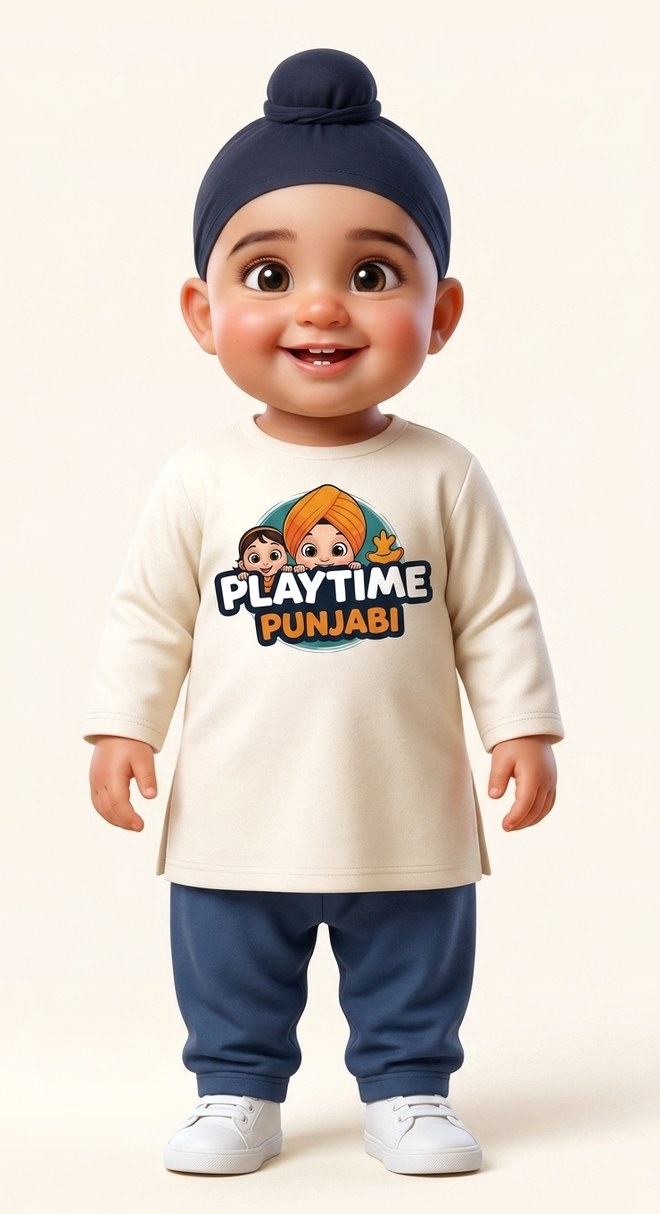 Nikka in a Punjabi kurta with the Playtime Punjabi logo