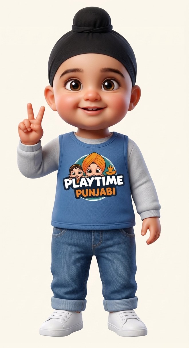 Nikka making a peace sign in a Playtime Punjabi top