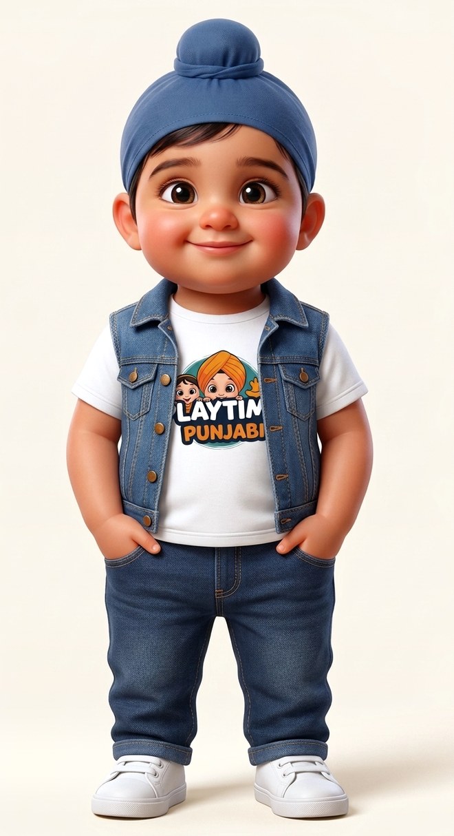 Nikka in a denim vest over a Playtime Punjabi t-shirt