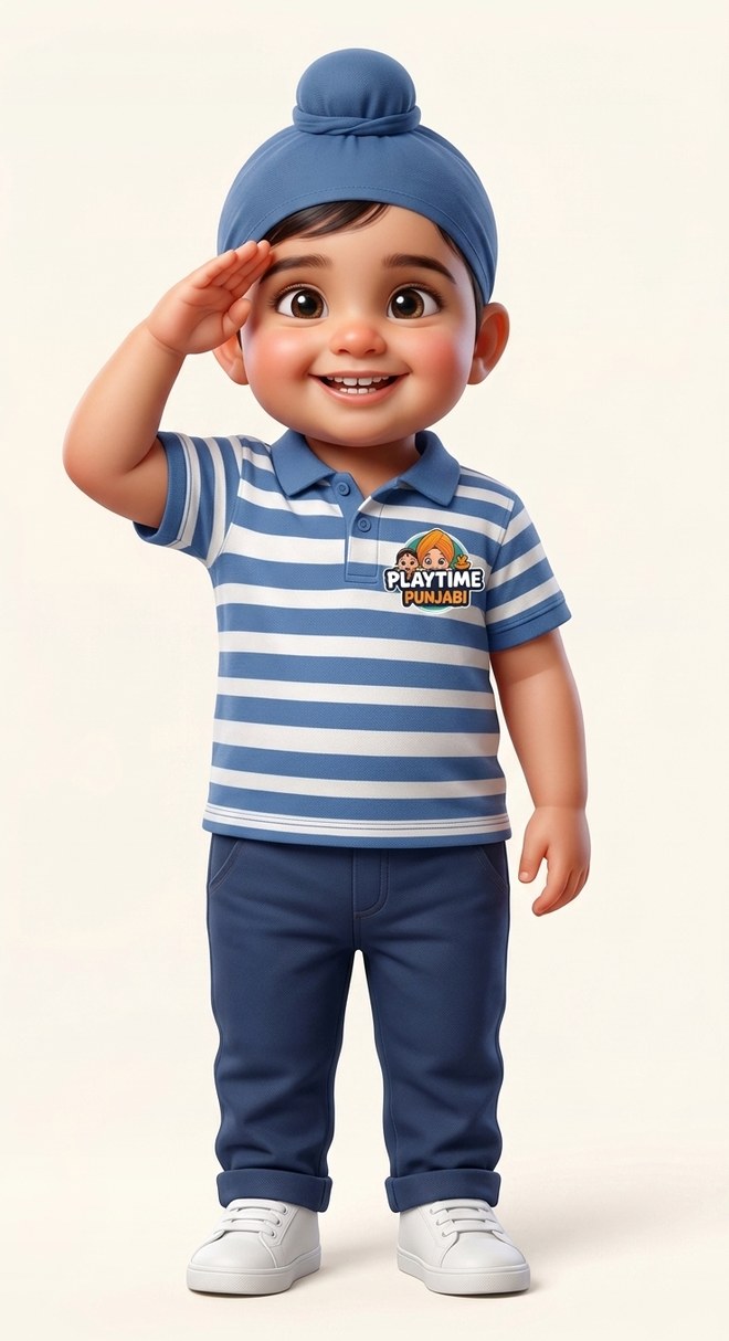 Nikka saluting in a Playtime Punjabi polo shirt