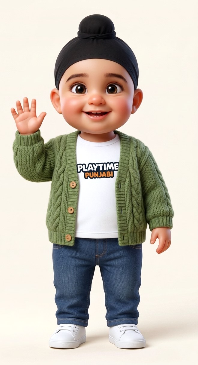 Nikka in a green cardigan over a Playtime Punjabi top