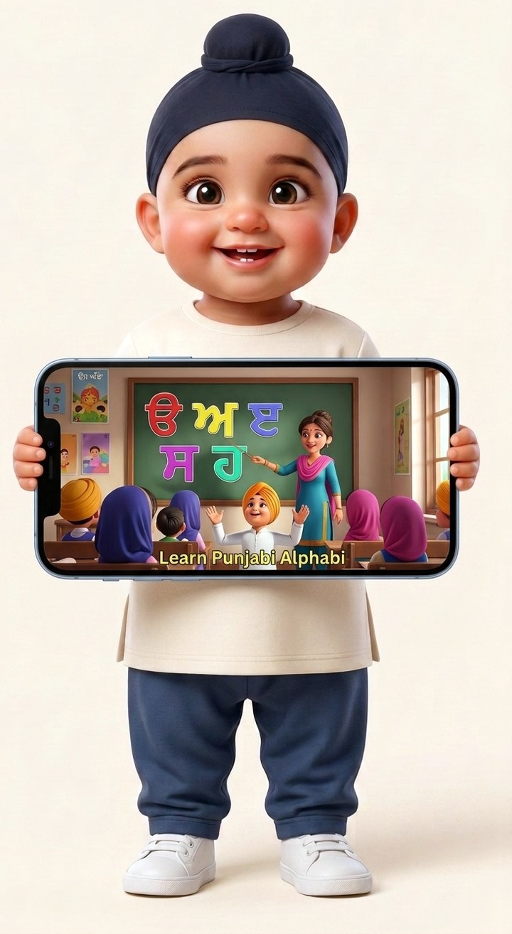 A little boy holding a phone playing a Playtime Punjabi alphabet video