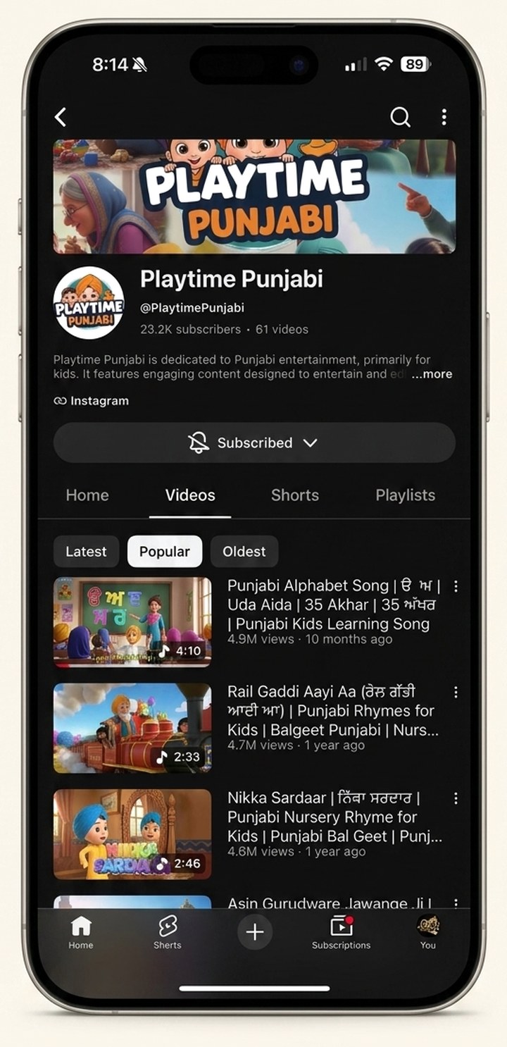 The Playtime Punjabi channel open on a phone